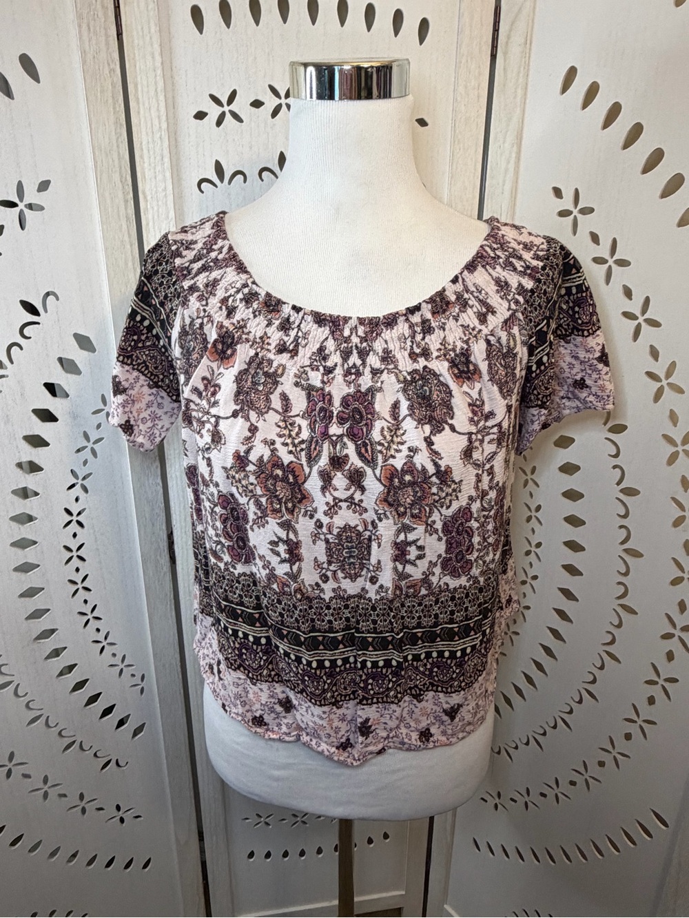 Boho Print Off Shoulder Short Sleeve Top